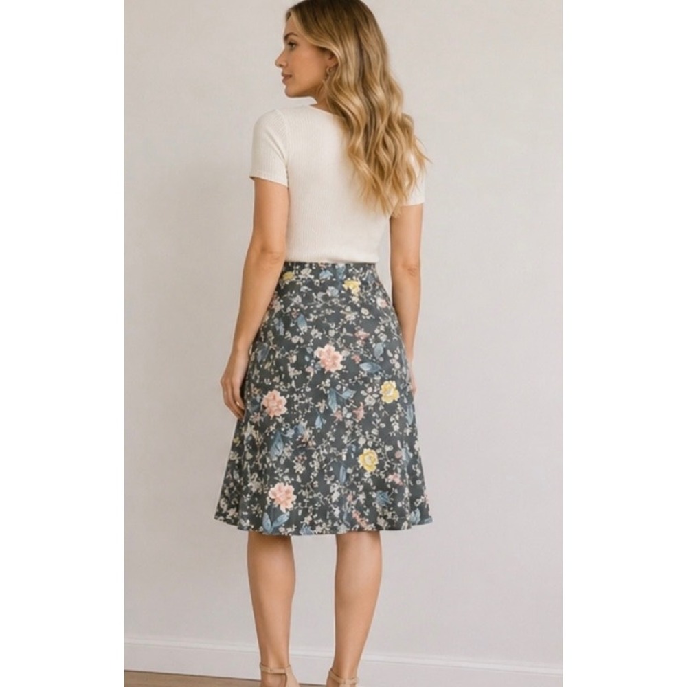 LOFT Women's Floral Print A-Line Midi Skirt Size 6 Gray Pink Yellow